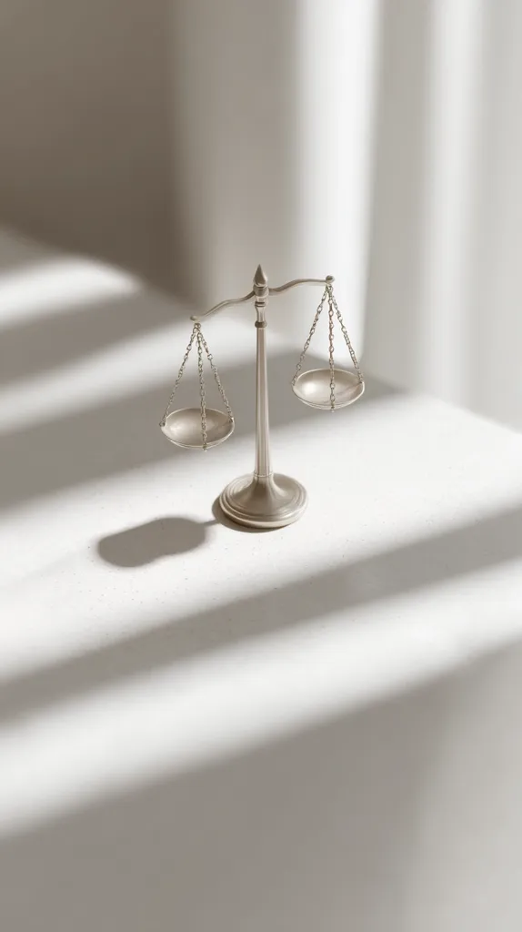 A silver scale sits on a white surface, bathed in soft, natural light.  The scale's delicate design and empty pans suggest a concept of balance or justice.  The light casts subtle shadows, enhancing the minimalist aesthetic of the image.  The overall mood is serene and contemplative.