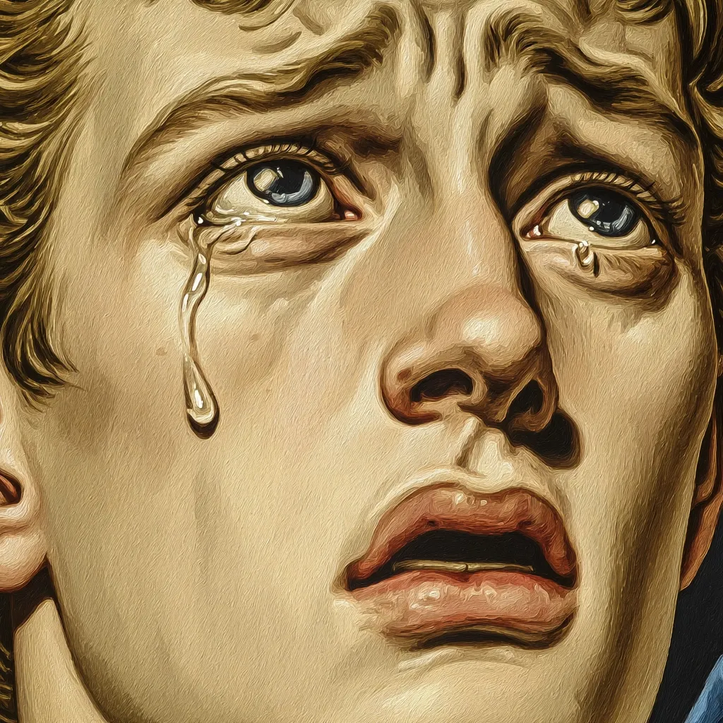 A close-up depicts a young man's face, rendered in a style reminiscent of classical sculpture.  His expression is one of profound sorrow; tears stream down his cheeks, accentuating the distress etched on his features.  The detailed rendering of skin texture and the light's effect highlight the emotional intensity of the moment. The overall tone is somber and deeply empathetic.
