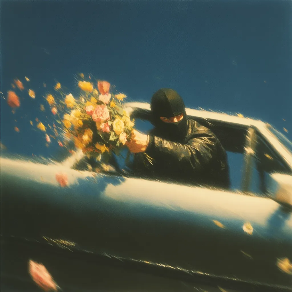 A painting depicts a masked figure in a speeding car, tossing a bouquet of flowers from the window.  The flowers are blurred by motion, suggesting speed and a fleeting moment. The figure's black balaclava and leather jacket contrast with the bright, pastel flowers, creating a jarring juxtaposition of violence and tenderness. The overall impression is one of dynamic movement and unexpected action.