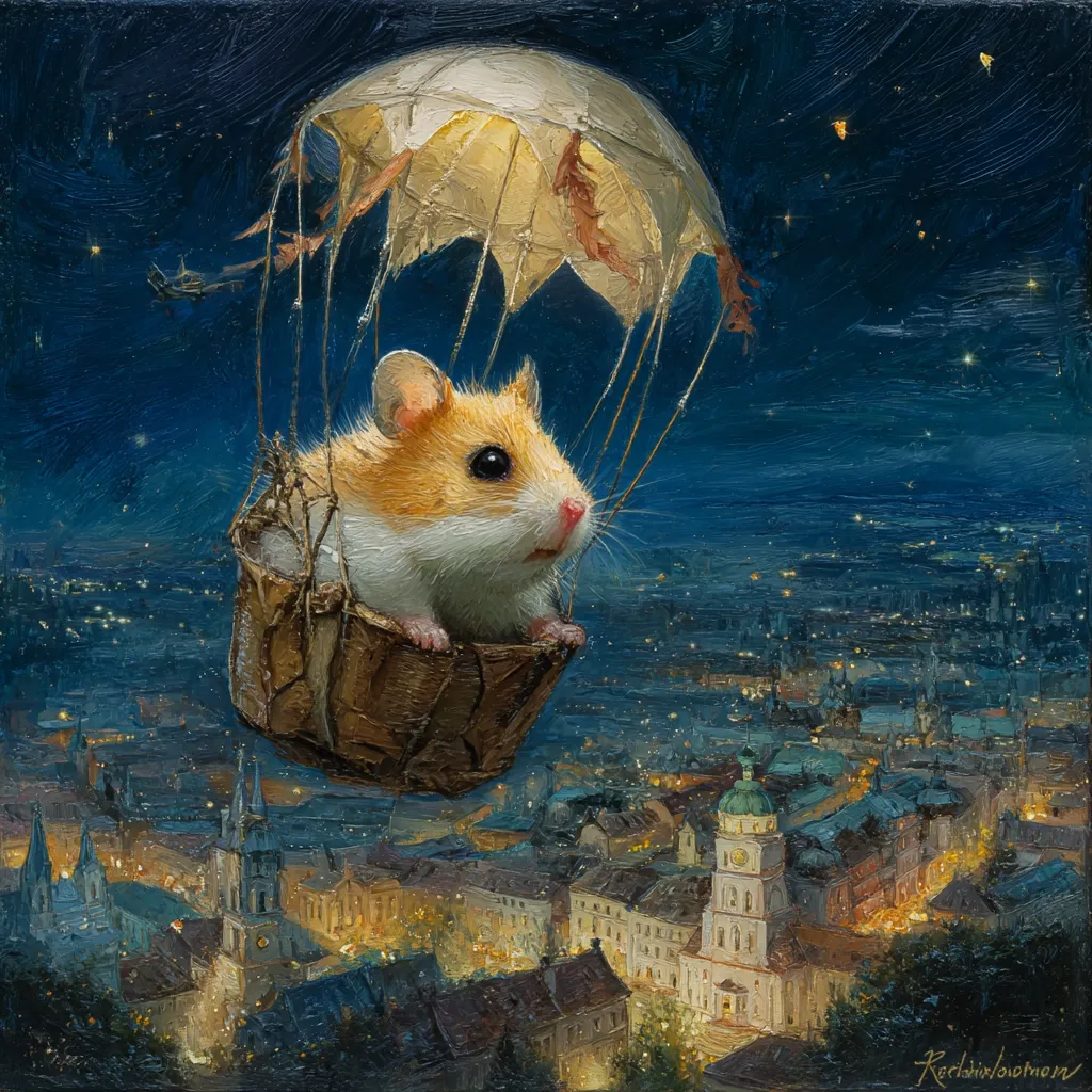 A whimsical painting depicts a tiny hamster in a miniature hot air balloon, gently drifting over a picturesque, nighttime cityscape. The balloon's parachute is worn, adding to the charmingly adventurous scene.  Soft lighting illuminates the hamster's sweet expression and the city's glowing windows below, creating a magical, surreal atmosphere under a starry sky.