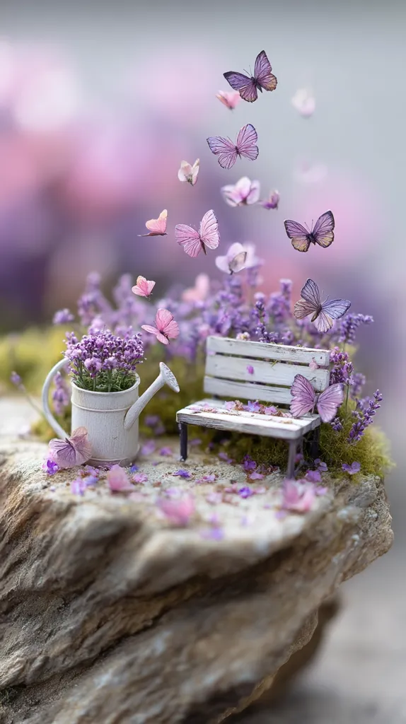 A miniature scene depicts a white watering can filled with lavender, sitting beside a tiny white bench.  Purple butterflies flutter around the arrangement, which is nestled on a rock, creating a whimsical, enchanting fairy garden.  Delicate purple flowers and soft lighting enhance the dreamlike quality of the image.