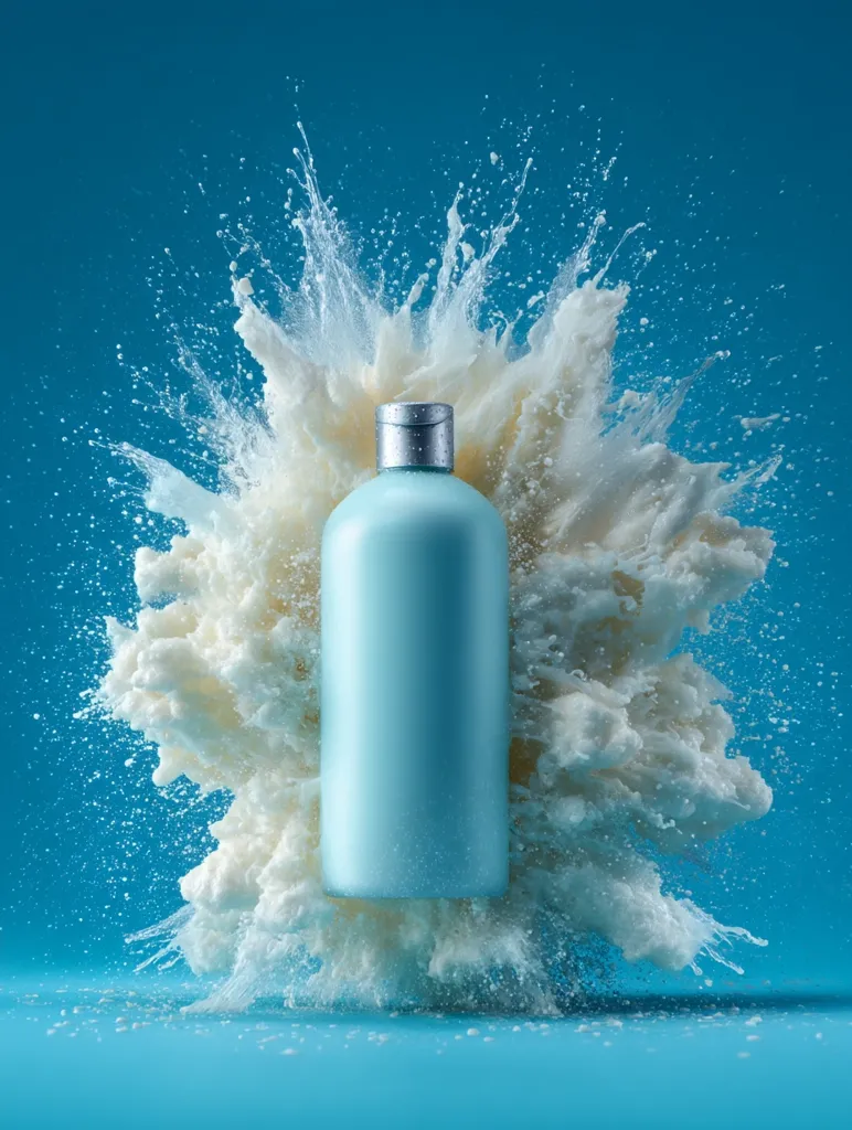 A light blue bottle of lotion or shampoo is the centerpiece of a vibrant image.  It's positioned within a dramatic explosion of white, creamy substance against a bright teal background.  The contrast between the cool blue of the bottle and the warm white of the splash creates a visually striking effect, emphasizing the product's texture and cleanliness. The overall mood is clean, fresh, and dynamic.