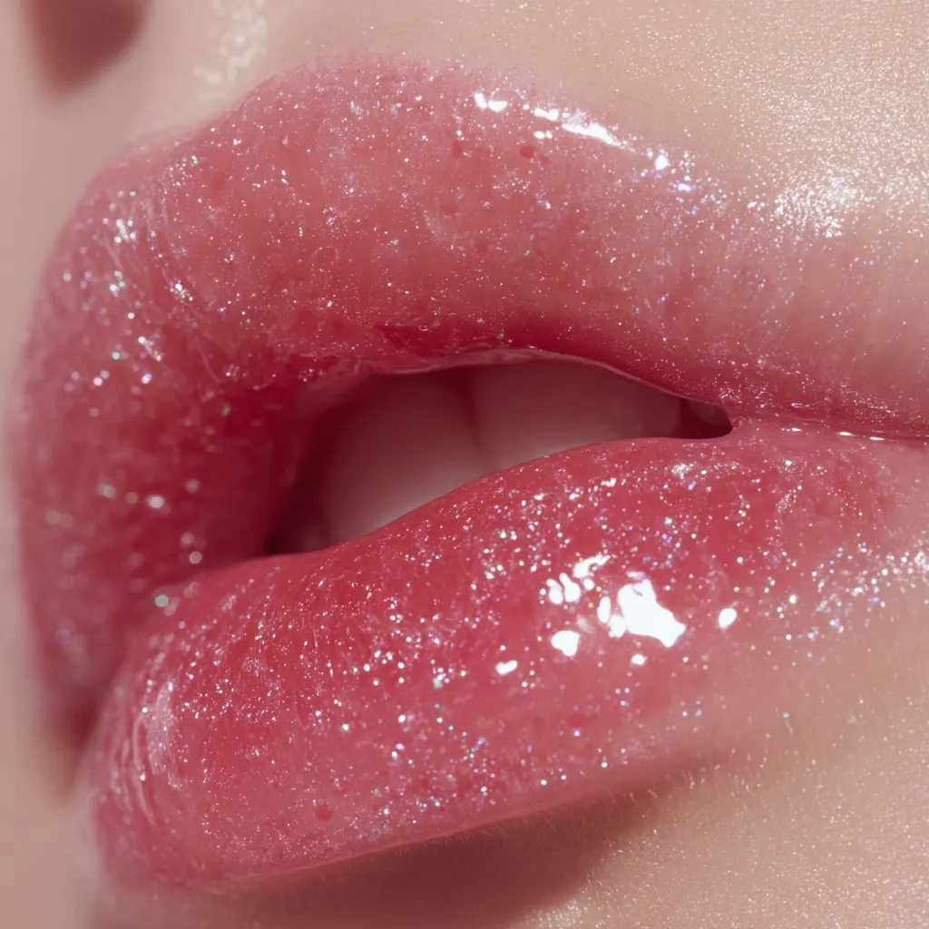 Close-up of a pair of full lips glistening with a light pink, sparkly lip gloss.  The gloss is thick and glossy, reflecting light with a subtle shimmer. The lips are slightly parted, revealing a hint of teeth. The overall effect is one of youthful beauty and shine.