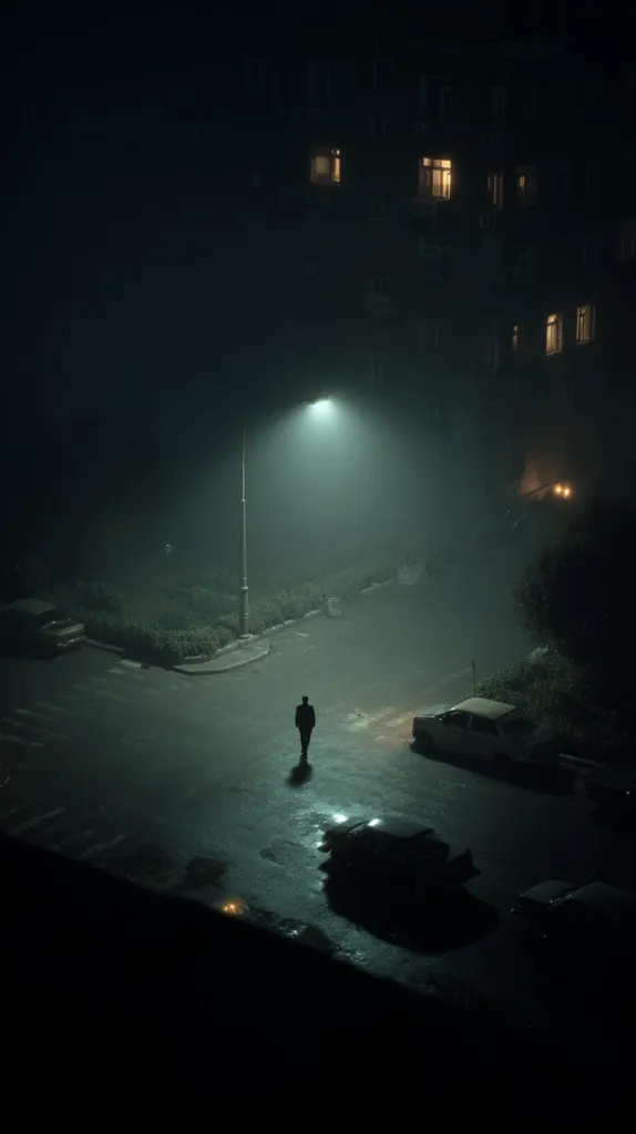 A lone figure walks through a foggy, dimly lit parking lot at night.  A single streetlight casts a pale glow, illuminating the man and several parked cars.  A dark building with illuminated windows looms in the background, adding to the mysterious and atmospheric scene. The overall mood is somber and evocative.