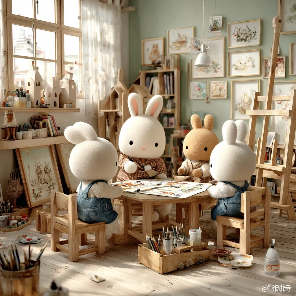 Three adorable plush rabbits sit around a small wooden table in a child's art studio.  Surrounded by art supplies, an easel, and charming decor, they appear engaged in a creative activity.  The room is filled with soft light streaming through a large window, creating a warm and inviting atmosphere.  The scene is whimsical and suggests a playful, imaginative world.