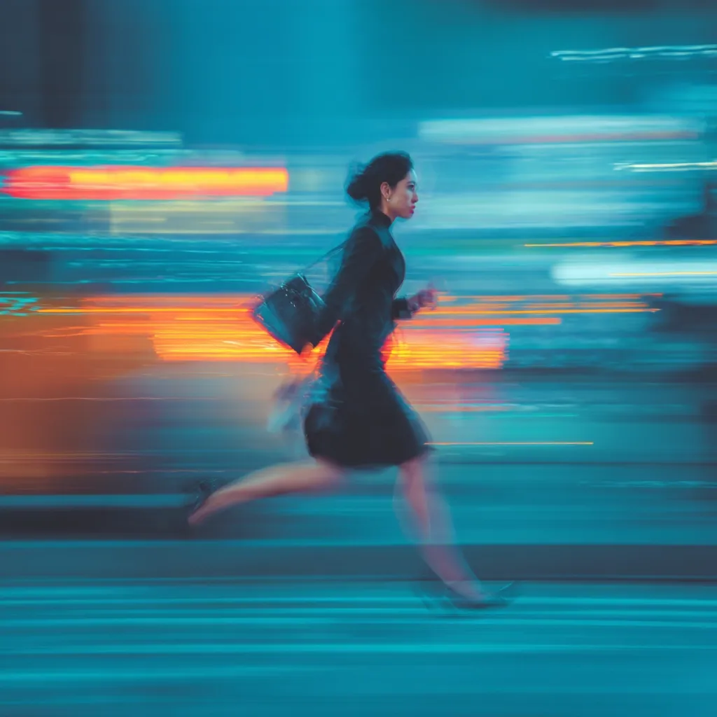 A woman in a black dress and carrying a handbag runs through a vibrant city street at night.  The image uses motion blur to emphasize her speed and the energy of the urban environment.  Bright streaks of light from passing vehicles create a dynamic and colorful background.  The overall effect is one of dynamism and contemporary urban life.