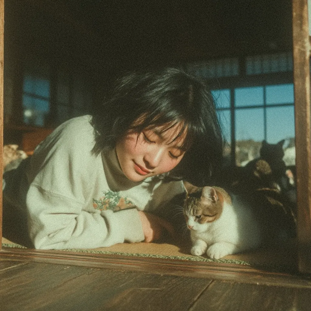 A young woman with short dark hair lies on the floor, her face gently lowered towards a calico cat resting beside her.  She's wearing a light beige sweater, and the scene is bathed in soft, sunlit warmth filtering through a window.  The overall aesthetic is calm and nostalgic, with a vintage filter applied to the image.  The background hints at a traditional Japanese-style room.