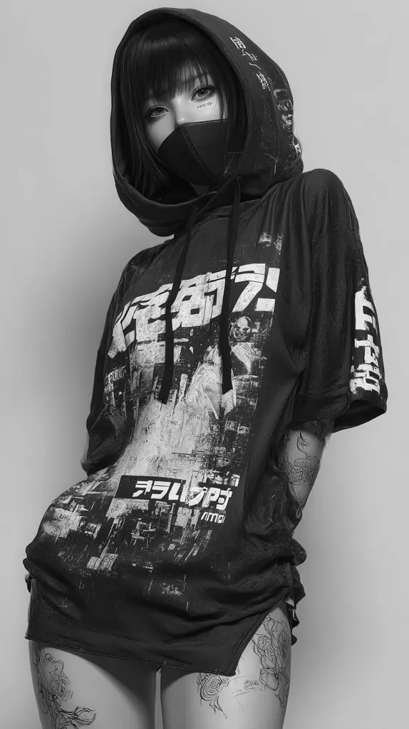 A monochrome image showcases a young woman, her face partially obscured by a black mask. She sports a dark-colored hoodie adorned with Japanese kanji and graphic designs, creating a striking visual contrast.  Her dark hair is styled in a blunt fringe. Visible tattoos decorate her arms and legs, adding to the overall edgy aesthetic. The overall effect is one of urban coolness and mysterious allure.