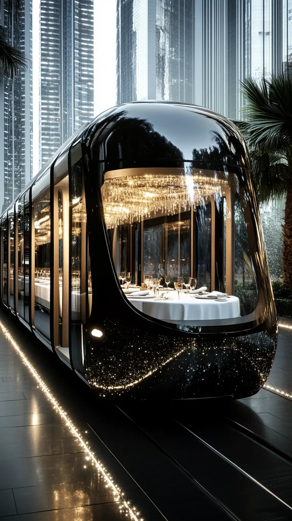 A sleek, black tram, adorned with glittering lights, is parked amidst modern skyscrapers.  Its interior reveals a luxurious dining setting, complete with a pristine white tablecloth and a sparkling chandelier. The scene is elegant and futuristic, suggesting a high-end dining experience on wheels.  The tram's exterior is subtly speckled with tiny lights, enhancing its luxurious appeal.
