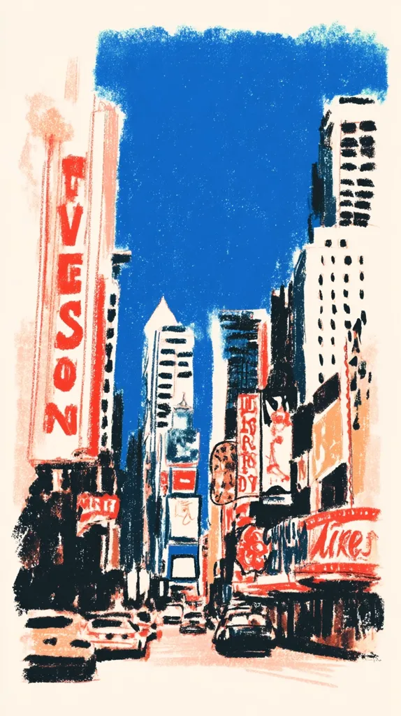 A vibrant, impressionistic painting depicts a bustling Times Square scene.  Bold strokes of red, blue, and peach capture the energy of the city.  Brightly lit billboards and marquees advertise various businesses, while cars navigate the street below towering skyscrapers. The vivid blue sky contrasts sharply with the urban landscape, creating a dynamic composition.  The overall style is expressive and captures the spirit of New York City.