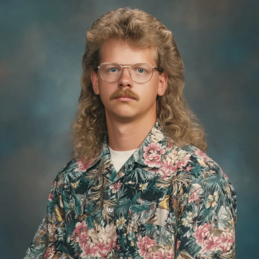 A young man with a voluminous mullet hairstyle and wire-rimmed glasses poses for a portrait.  He sports a floral, short-sleeved shirt with a predominantly dark background and colorful flowers. His expression is serious, and he has a thin mustache. The backdrop is a muted blue-gray. The overall style is reminiscent of 1980s or 1990s fashion.