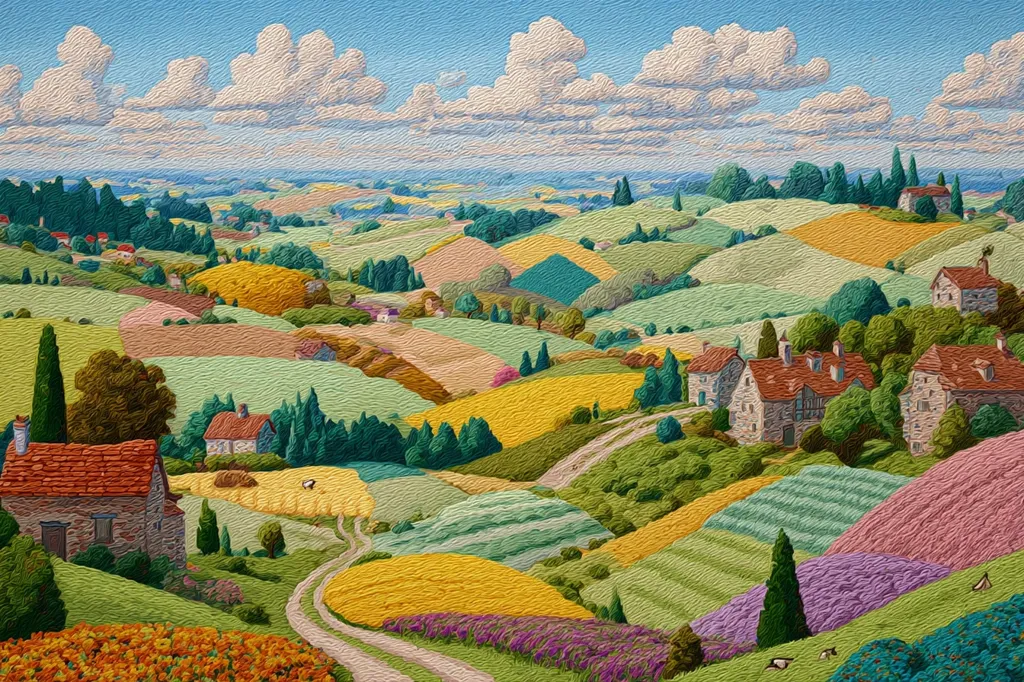 A picturesque landscape painting depicts rolling hills in vibrant hues of green, yellow, and purple.  Stone houses with red-tiled roofs dot the countryside, nestled amongst fields of varying crops. A winding dirt road meanders through the scene, leading the eye deeper into the idyllic valley. The sky is a clear blue, punctuated by fluffy white clouds. The style suggests a naive or folk art approach, with a textured, almost embroidered appearance.