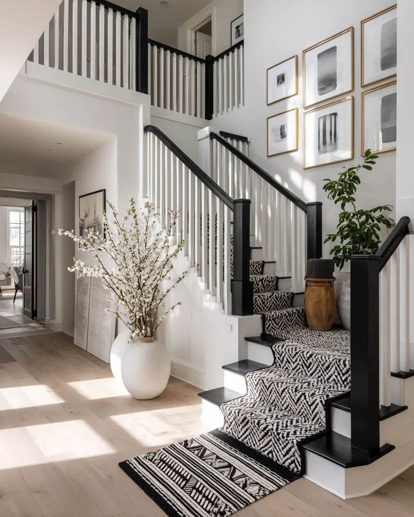 A bright, airy foyer features a grand staircase with black and white railings.  A black and white patterned runner ascends the stairs.  A large white vase holding a blossoming branch sits on the floor, adding a touch of nature.  The walls showcase a gallery of framed black and white artwork, creating a sophisticated and modern ambiance.  Natural light streams in, highlighting the light hardwood floors.