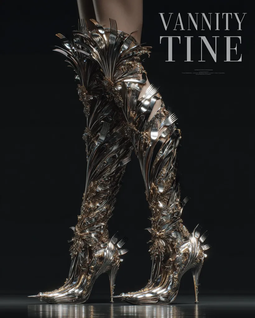 A pair of extravagant high-heeled boots, crafted from intricately arranged forks and spoons, are showcased against a dark background.  The boots are metallic, with gold accents, creating a striking, ornate design.  The image is titled "Vanity Tine," suggesting a connection between vanity and the use of eating utensils as fashion.  The boots appear to be a digital rendering, emphasizing their fantastical and artistic nature.