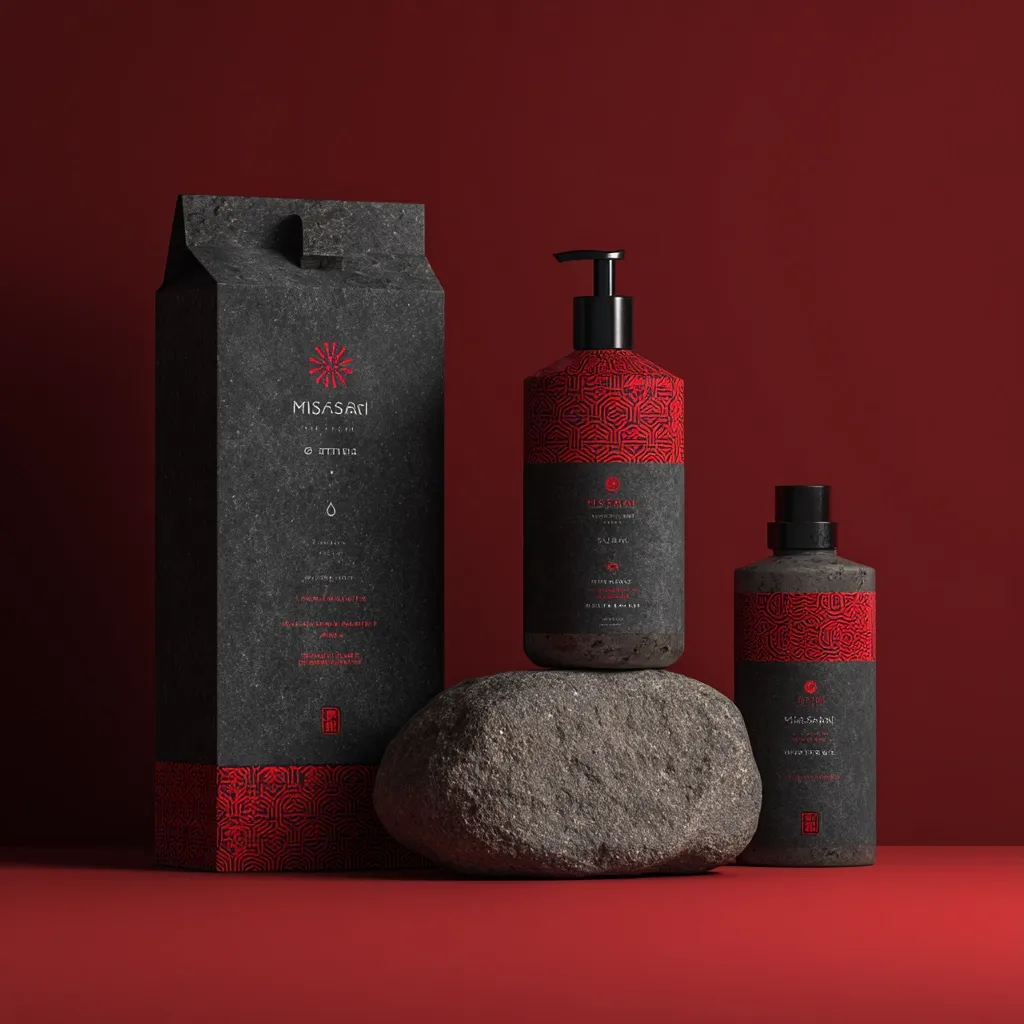 A product shot showcases Misasagi skincare packaging.  A dark gray, textured box stands beside a dark gray pump bottle and spray bottle, all adorned with red geometric patterns and minimal branding. The bottles rest on a dark gray rock against a deep red background, emphasizing the luxurious and minimalist aesthetic of the product line.  The design suggests a sophisticated and natural approach to skincare.