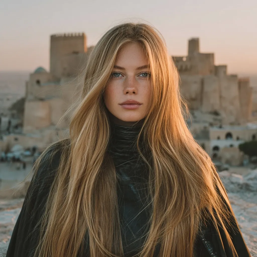 A young woman with long, flowing blonde hair stands against a backdrop of an ancient, sunlit stone castle. She wears a black turtleneck and cape, her expression serene and direct. The warm light casts a golden glow on her hair, creating a striking contrast against the rugged texture of the castle walls.  Her freckles are visible, adding to her natural beauty.
