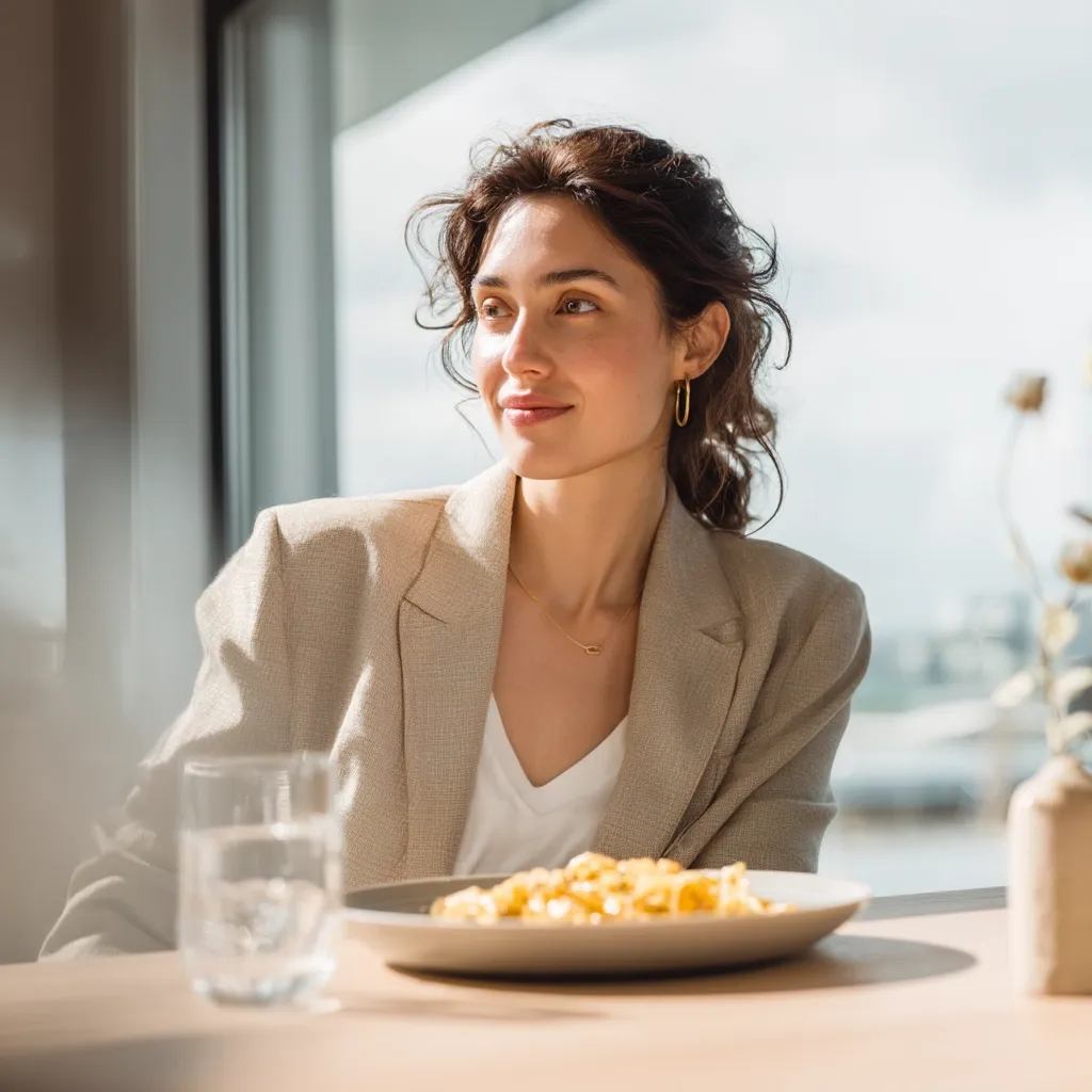 A young woman with shoulder-length brown hair, wearing a beige blazer and a white shirt, sits at a table bathed in sunlight.  A plate of pasta sits before her.  She gazes thoughtfully out a nearby window, a serene expression on her face.  A glass of water sits on the table beside the plate.  The overall scene is calm and inviting.