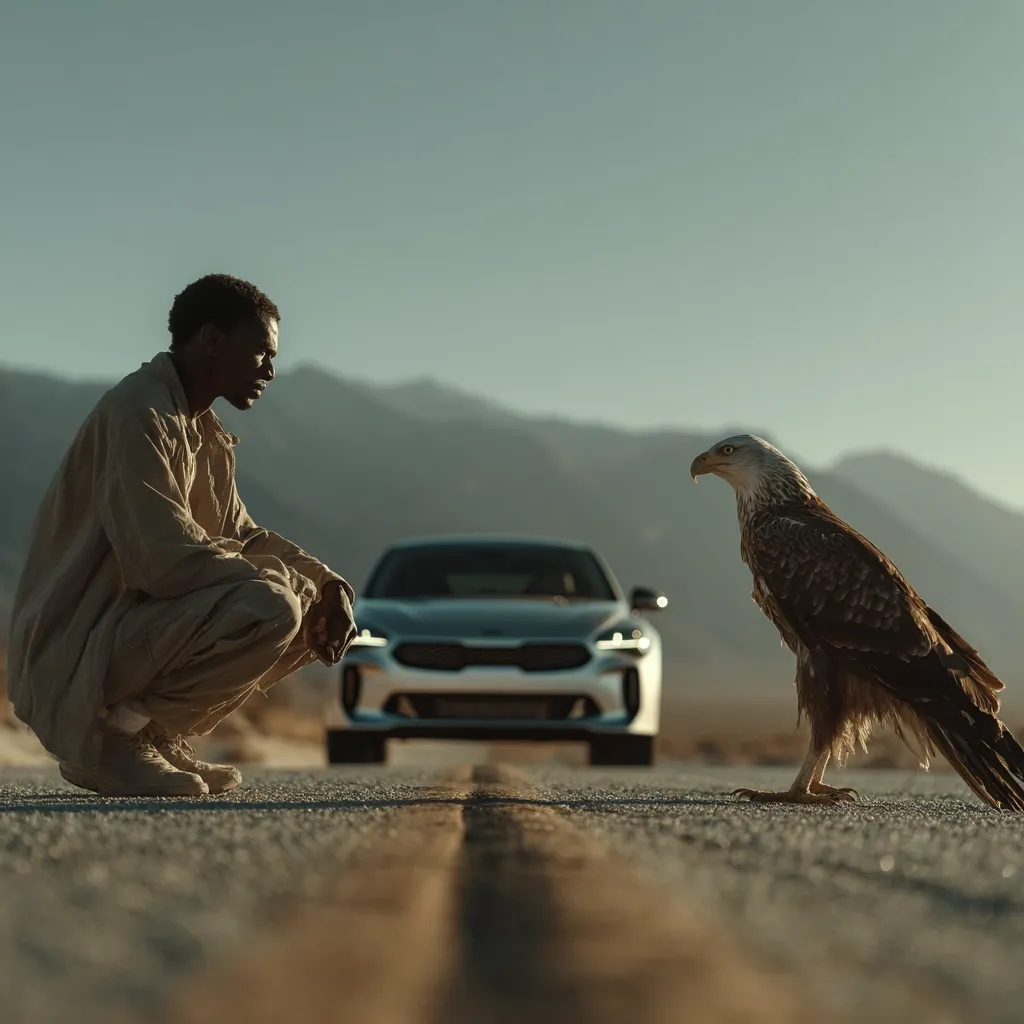 A man crouches on a desert road, facing a majestic bald eagle.  A sleek, dark-colored Kia car is parked between them. The scene is set against a backdrop of hazy mountains under a clear, sun-drenched sky. The image evokes a sense of quiet contemplation and the vastness of the natural world.