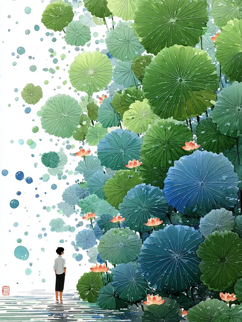 A lone figure stands before a vibrant tapestry of oversized lotus leaves in varying shades of green and blue.  Pink lotus blossoms punctuate the lush foliage, creating a tranquil scene.  Water droplets or bubbles float in the white space, adding a whimsical element to the painting's serene atmosphere. The style suggests a blend of watercolor and East Asian artistic influences.