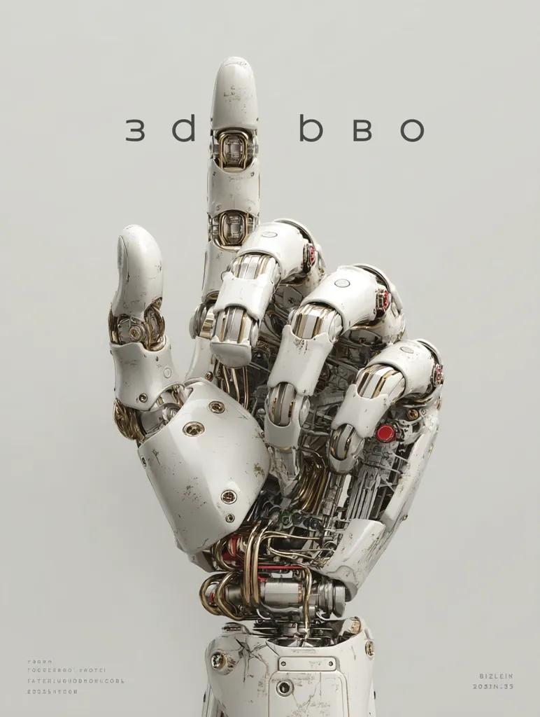 A detailed close-up shot showcases a highly realistic rendering of a robotic hand.  The hand, predominantly white with gold accents, is intricately detailed, revealing exposed mechanical components and a weathered texture.  The index finger is pointed upwards, creating a dynamic pose. The image is minimalist, with a plain background and the text "3d bbo" subtly placed above the robotic hand. The overall aesthetic blends futuristic technology with a sense of aged craftsmanship.
