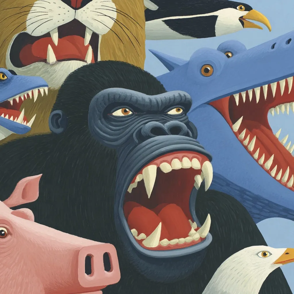 A stylized illustration features a central, snarling gorilla surrounded by other animals with open mouths, including a lion, a blue dinosaur-like creature, a pig, a bird, and a penguin. The animals are depicted in a bold, graphic style with vibrant colors and sharp lines, creating a sense of tension and aggression. The overall composition is dynamic and visually striking.