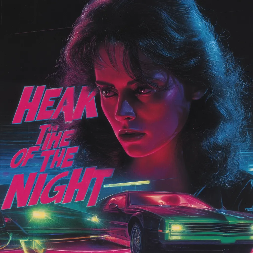 A vibrant 80s-style poster for the film "Heat of the Night" features a woman with voluminous dark hair, bathed in neon pink and blue light.  Her serious expression contrasts with the sleek, dark green sports car speeding through a neon-lit city backdrop. The title is rendered in bold, pink lettering, evoking a sense of mystery and danger. The overall aesthetic is retro and dramatic.