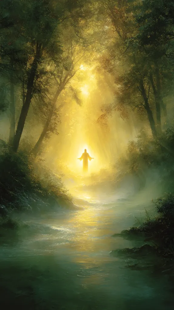 A radiant figure, resembling Jesus, stands in a mystical forest bathed in golden light.  A tranquil stream winds through the ethereal scene, creating a path towards the luminous figure.  The atmosphere is serene and spiritual, conveying a sense of peace and divine presence within the natural world. The soft light and misty ambiance enhance the image's otherworldly quality.