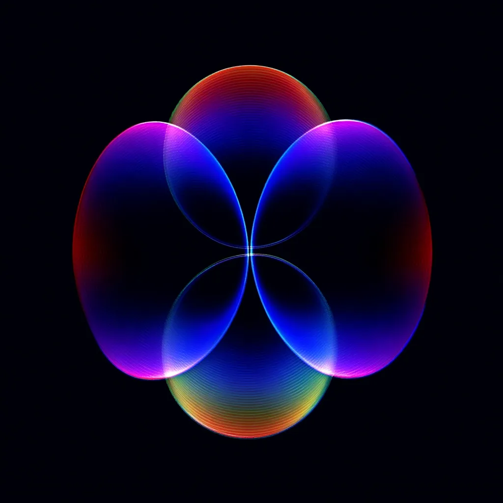 A vibrant abstract image showcases overlapping, luminous orbs in shades of red, blue, and purple.  The orbs create a symmetrical, almost floral pattern against a stark black background.  The colors blend seamlessly, creating a mesmerizing effect of light and movement.  The image evokes a sense of energy and fluidity, with a captivating interplay of light and dark.