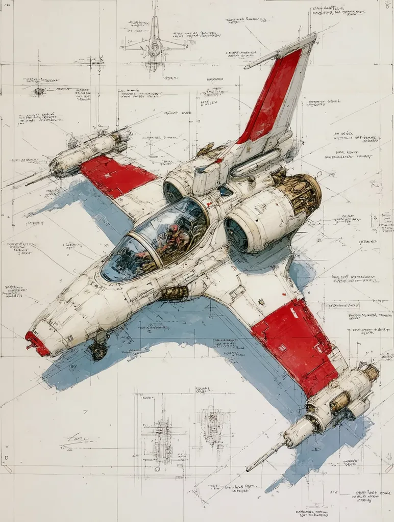 A detailed technical drawing of a futuristic spacecraft dominates the image.  The vessel is predominantly white with red accents, featuring a sleek, angular design and twin engines.  Surrounding the spacecraft are various blueprints, schematics, and annotations, suggesting the design process or engineering specifications. The style is reminiscent of concept art for science fiction films or games. The overall effect is a blend of artistic rendering and technical illustration.