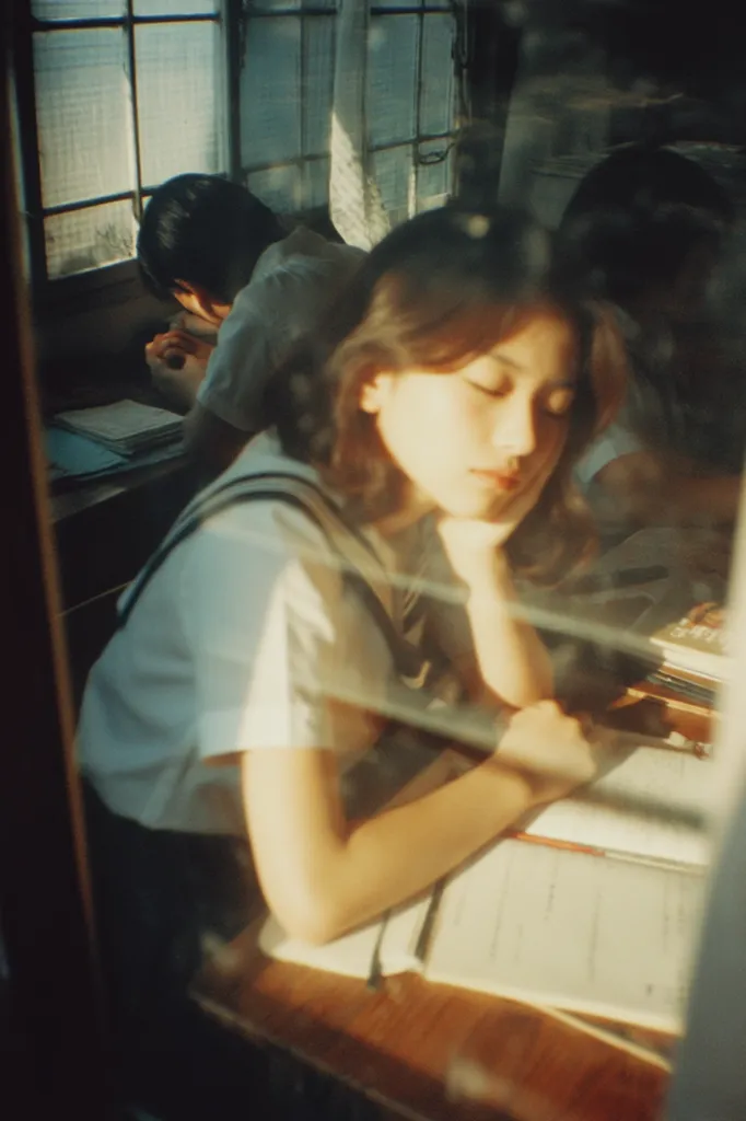 A dreamy, sunlit photograph captures two students studying by a window.  One, a girl in a sailor-style collared shirt, rests her head on her hand, seemingly tired but peaceful.  The other student, a boy, sits hunched over papers, engrossed in their work.  The scene is viewed through a slightly hazy, possibly rain-streaked, window, adding to the nostalgic and wistful ambiance.  The warm light bathes the scene in a golden glow.