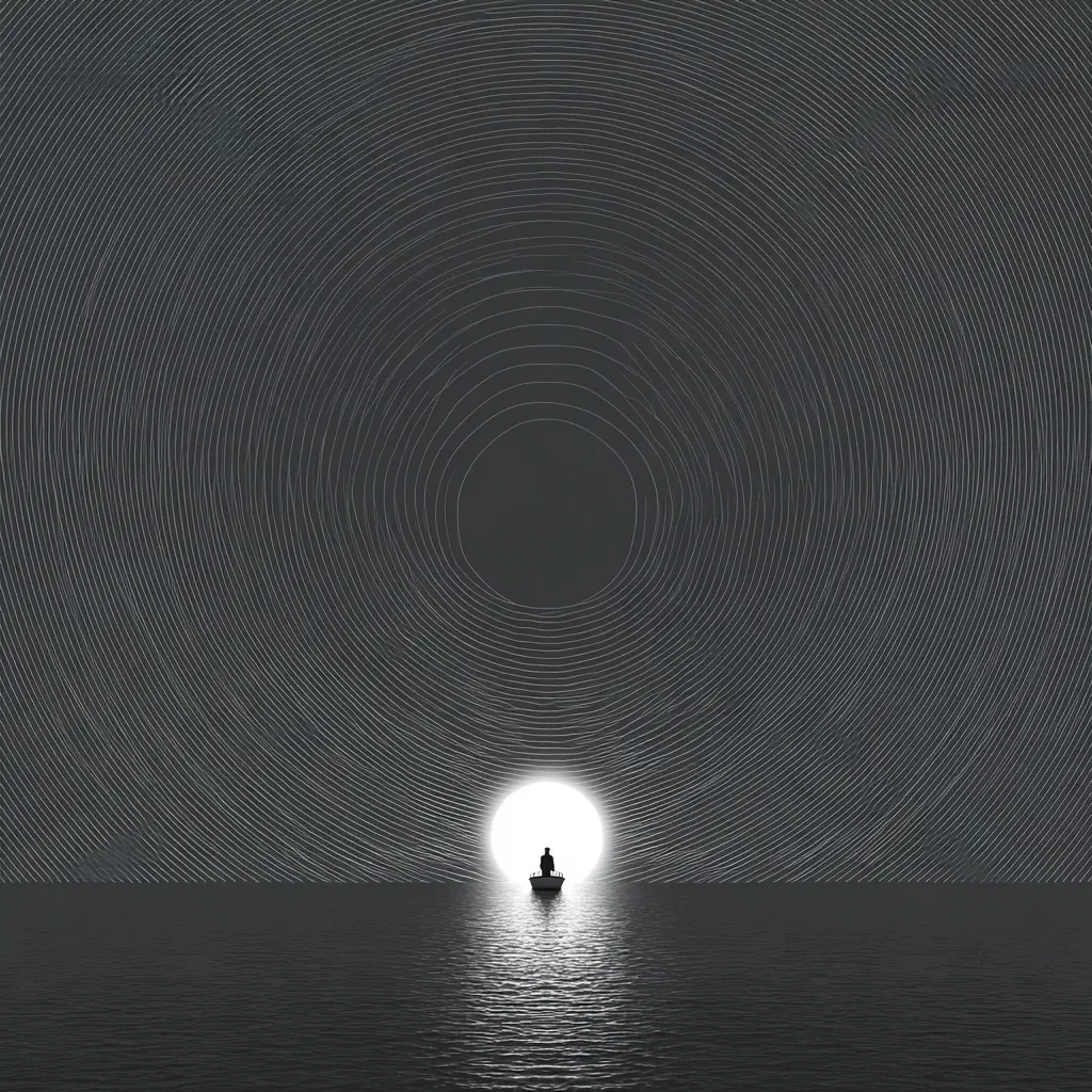 A solitary figure sits in a small boat on a calm, dark sea.  Behind them, a bright light emerges from a central point, surrounded by concentric circles that radiate outwards, creating a mesmerizing visual effect.  The overall tone is one of serene isolation and a journey towards an unknown light. The dark grey palette emphasizes the contrast between the light and the vastness of the sea.