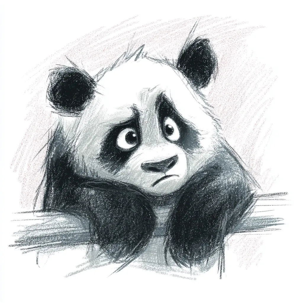 A pencil sketch depicts a young panda bear appearing melancholic.  Its large, expressive eyes convey sadness, and its downturned mouth enhances the somber mood. The panda's paws rest on a branch, its body slightly hunched.  The sketch style is loose, with visible shading and texture, adding to the emotional impact of the image.