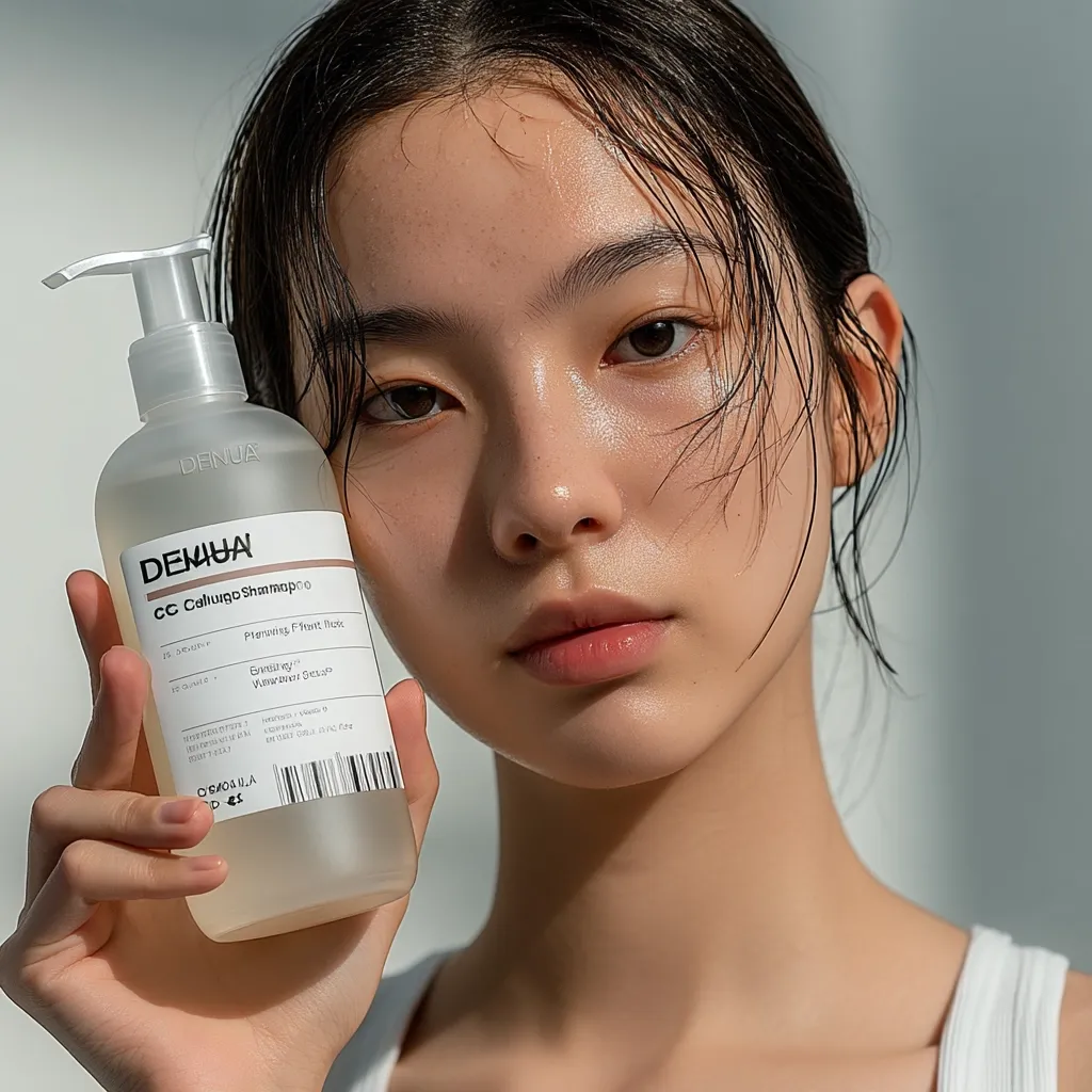 A young woman with dewy skin holds a bottle of Denua CC Calming Shampoo.  The shampoo bottle features minimalist design with product details in English and Korean. The woman's wet hair frames her face, enhancing her natural beauty.  The overall aesthetic is clean, modern, and emphasizes natural skincare and haircare.