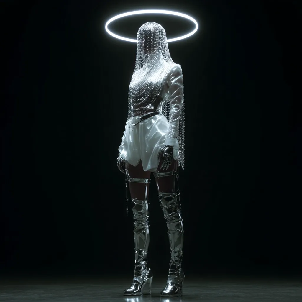 A futuristic fashion model stands against a black background, illuminated by a glowing halo above her head. She wears a white, form-fitting outfit with metallic accents, including a chainmail top, gloves, and thigh-high boots.  Her face is veiled, adding to the mysterious and otherworldly aesthetic. The overall image is sleek, modern, and dramatic.
