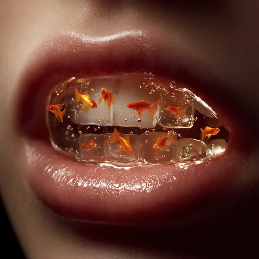 A close-up shot reveals a person's mouth, their teeth seemingly encased in a transparent retainer filled with water and several small, vibrant goldfish. The image is surreal and striking, showcasing a juxtaposition of the human body and aquatic life.  The lips are full and glossy, contrasting with the clear, contained aquatic scene within the teeth. The overall effect is both beautiful and slightly unsettling.