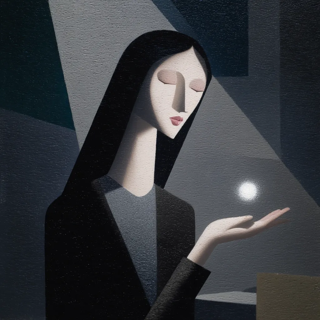 A stylized painting depicts a woman with long dark hair, wearing a dark blazer and a gray top. Her eyes are closed, and she holds a glowing orb in her open palm. The background is composed of geometric shapes in muted gray and dark teal tones, creating a somber and contemplative atmosphere. The woman's expression and the glowing orb suggest a moment of quiet reflection or contemplation. The style is reminiscent of Art Deco or Cubism.