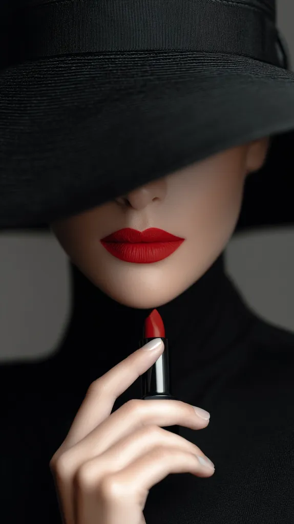 A woman's face is partially obscured by a wide-brimmed black hat.  Her lips are painted a vibrant red, and she delicately holds a tube of red lipstick.  She's dressed in a black turtleneck, creating a dramatic and elegant monochrome portrait. The image evokes a sense of mystery and classic sophistication.
