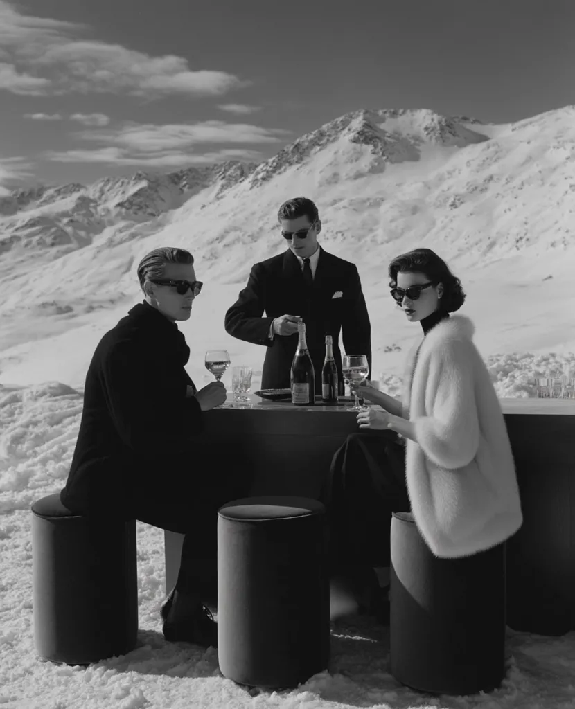 Three stylishly dressed individuals enjoy drinks at an outdoor table set against a stunning backdrop of snow-covered mountains.  A man in a suit pours champagne while a woman in a fur coat and another man in dark clothing share drinks, creating a sophisticated and elegant winter scene. The black and white photograph emphasizes the contrast of the dark clothing against the bright snow.