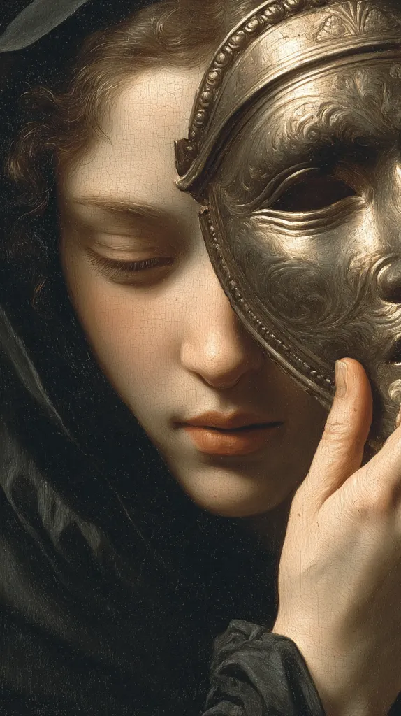 A young woman, cloaked in dark fabric, gently holds an ornate, metallic mask to her face.  Her expression is one of pensive melancholy, her eyes partially closed. The mask's intricate details contrast with the soft texture of her skin, creating a striking juxtaposition of the hidden and revealed self. The painting's rich, dark tones emphasize the somber mood.