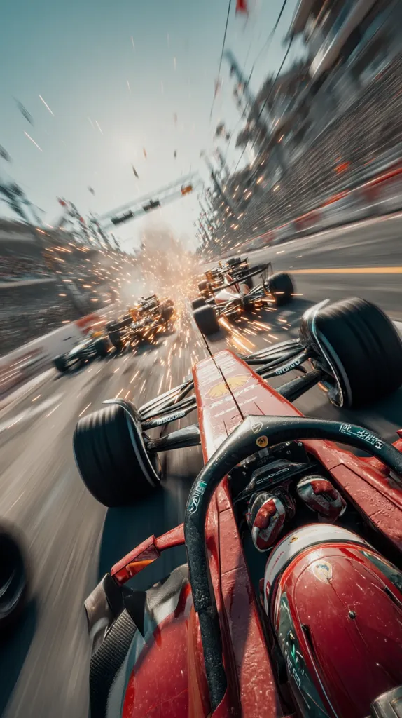 A thrilling first-person view of a Formula 1 race.  A red Ferrari leads the pack, sparks flying from the tires as it navigates a sharp turn.  Other cars are visible, blurred by speed, creating a dynamic and intense scene of high-octane competition. The bright sunlight and motion blur enhance the feeling of incredible velocity.