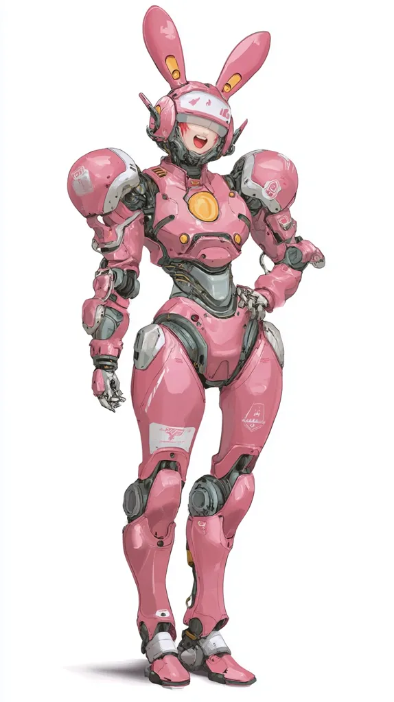 A digital painting of a pink, humanoid robot with bunny ears.  The robot is depicted in a cheerful pose, its design blending cute features with advanced mechanical elements.  The pink color scheme is consistent throughout, with metallic gray accents detailing the joints and internal mechanisms.  The robot's face is visible through a helmet-like visor, showing a smiling expression.