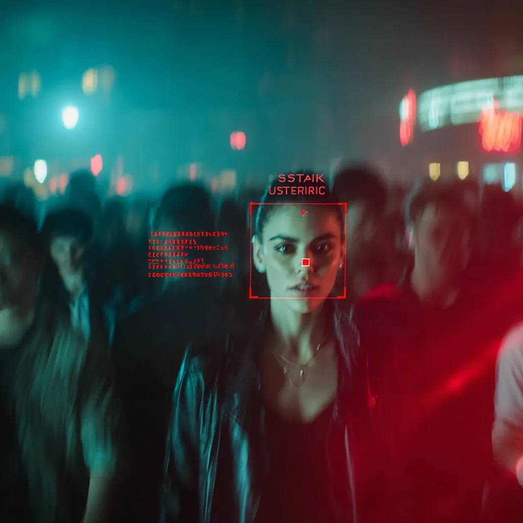 A young woman's face is highlighted by a red box in a crowded, neon-lit urban scene at night.  The text "SSTAIK USTERIRIC" appears above her, along with alphanumeric code, suggesting biometric identification or surveillance technology.  The overall atmosphere is dark and futuristic, with a blend of teal and red lighting casting shadows on the crowd.