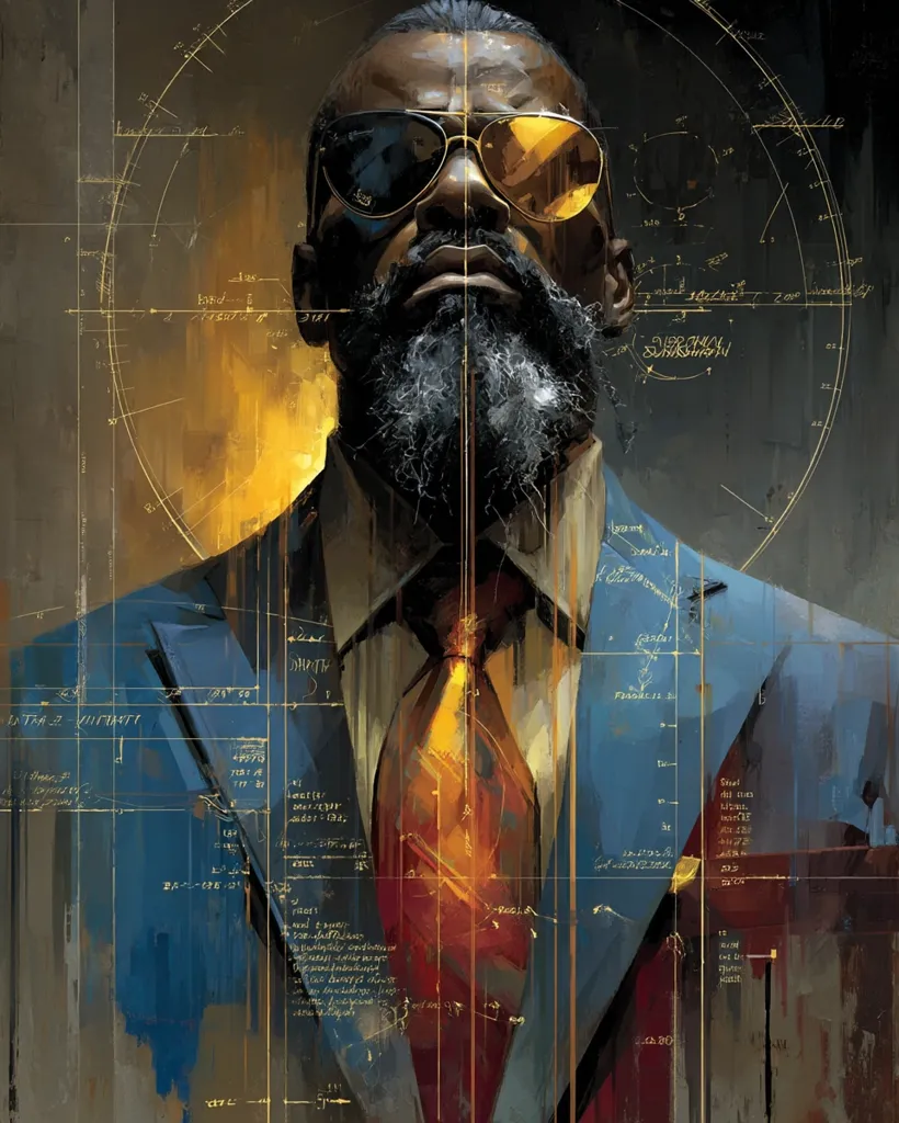A stylized portrait of a man with dark skin, a full beard, and gold-rimmed sunglasses. He's dressed in a blue suit and orange tie. The background features overlaid technical drawings and diagrams, suggesting a blend of sophisticated style and technological expertise. The painting uses warm, earthy tones and a painterly texture.  The overall impression is one of power and mystery.