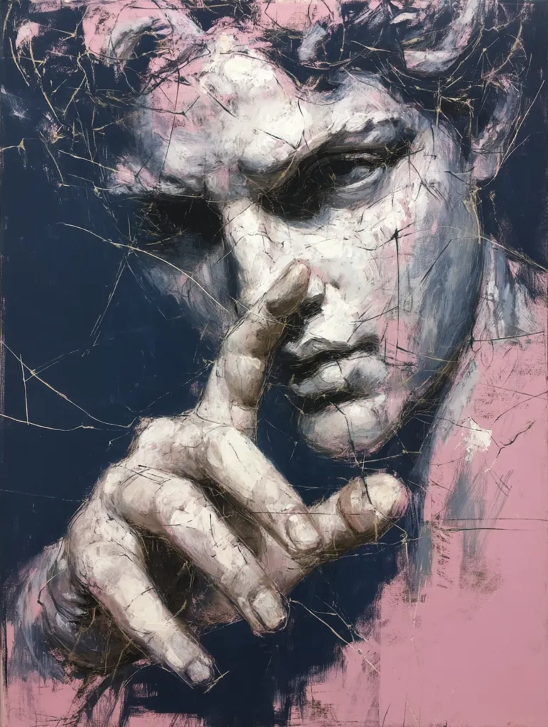 A dramatic close-up painting depicts a man's face, possibly inspired by classical sculpture.  His expression is serious, almost contemplative, as his finger touches his mouth. The style is expressive, with visible brushstrokes and a textured surface. Dark blues and pinks form the background, contrasting with the lighter tones of the figure.  The overall effect is one of intensity and mystery.