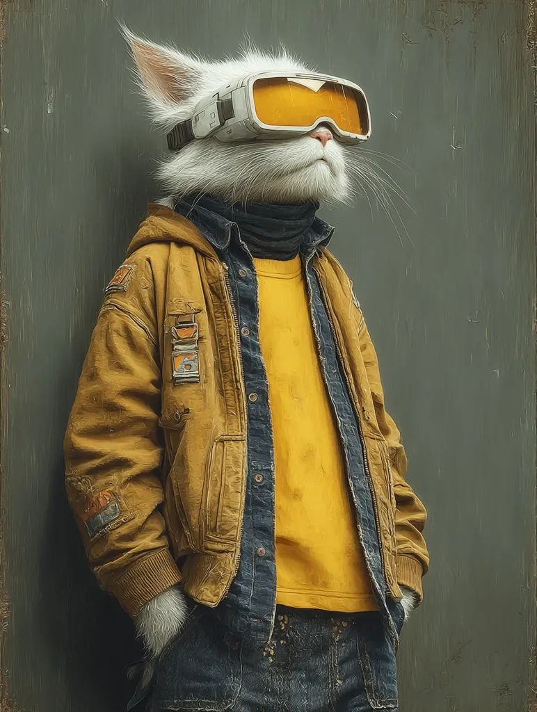 A white cat, wearing amber goggles, stands against a muted green background.  The cat is dressed in a mustard-yellow bomber jacket over a yellow shirt and dark denim jeans. The jacket has patches on the sleeves, and the cat's paws are visible in the pockets. The overall style is a blend of futuristic and casual, creating a striking image.
