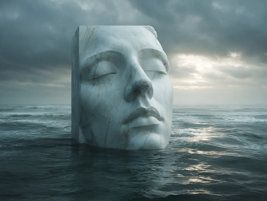 A serene, marble face, partially submerged in a turbulent sea, is the focal point of this image. The sculpture's eyes are closed, conveying a sense of peace or contemplation amidst the stormy backdrop.  The contrast between the calm sculpture and the chaotic ocean creates a powerful visual metaphor.  The sky is a dramatic mix of dark clouds and a sliver of light, enhancing the mood of quiet resilience.