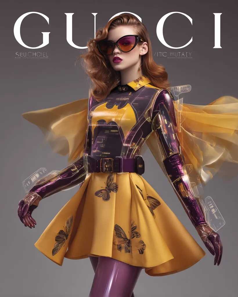 A fashion model, styled as a futuristic Batgirl, graces the cover of a Gucci magazine. She sports a yellow pleated mini-skirt adorned with butterfly prints, a purple robotic-esque long-sleeved top, and striking sunglasses.  Her flowing cape adds a dramatic flair, enhancing the blend of high fashion and superhero aesthetics. The overall image is striking and vibrant, showcasing a bold and innovative style.