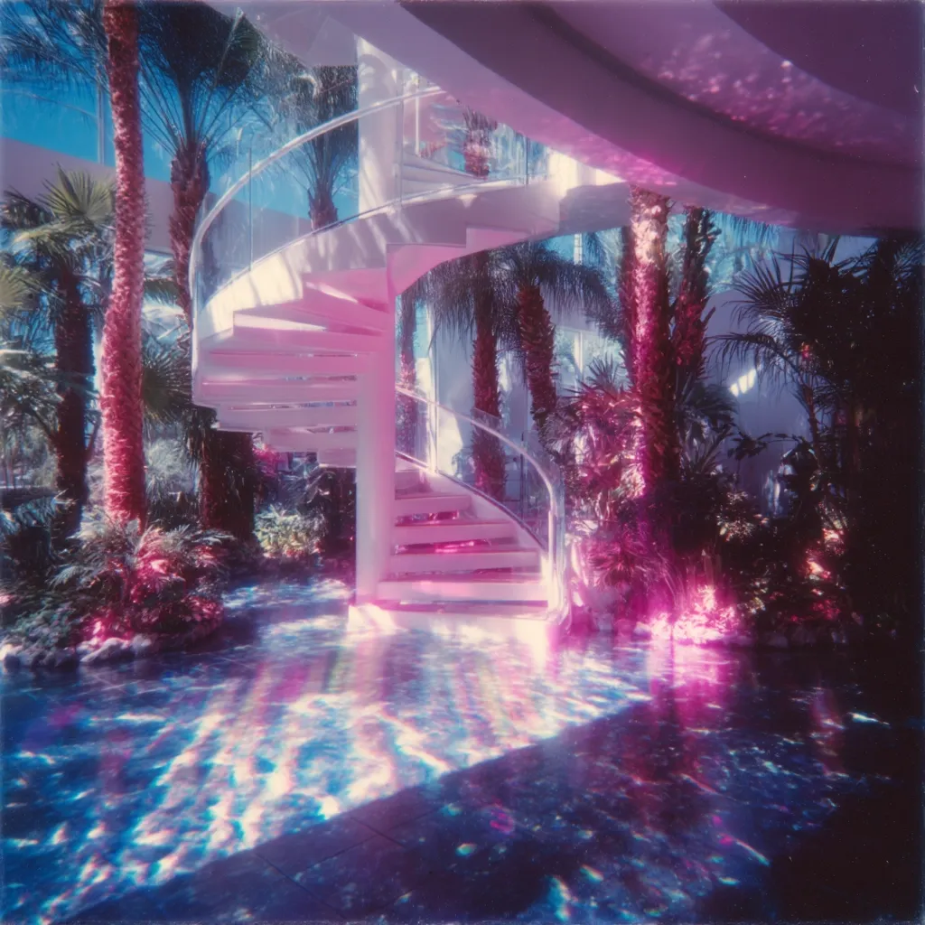 A surreal, dreamlike image depicts a white spiral staircase nestled within a lush, tropical garden.  The scene is bathed in vibrant pink and blue light, creating an ethereal atmosphere.  Palm trees surround the staircase, their silhouettes emphasized by the glowing light. The floor reflects the colorful illumination, enhancing the otherworldly quality of the picture.