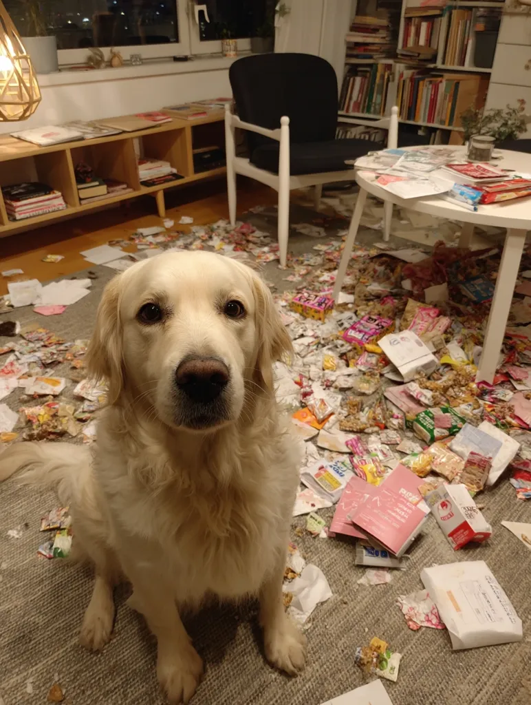 A golden retriever sits calmly amidst a chaotic mess.  The floor is covered in scattered papers, packaging, and various small items, suggesting a significant amount of unpacking or a playful (or destructive) event. The dog appears unfazed by the surrounding disarray, looking directly at the camera.  The background shows a living room with furniture and bookshelves.