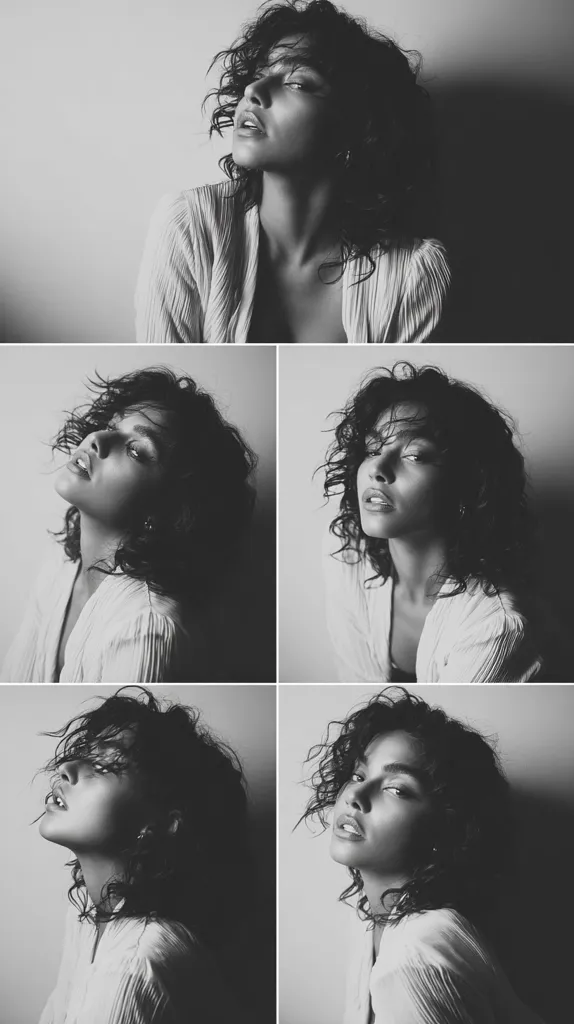 A black and white photo collage features a young woman with curly hair, styled in a loose, open-collared shirt.  Four different poses showcase her expressive face and tousled curls, each image capturing a subtle shift in her gaze and posture. The monochrome palette and simple background emphasize her features and the overall mood of pensive beauty.